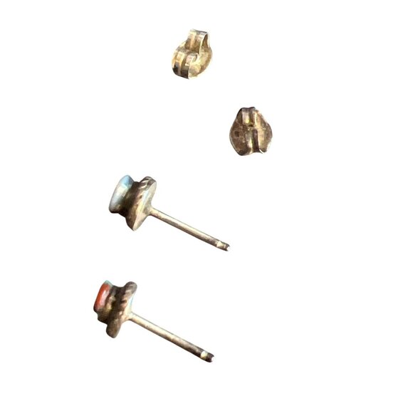 Vtg Sterling Silver Zuni Sun Face God Earrings Inlay Mother Pearl Coral 3/16" - Picture 4 of 7